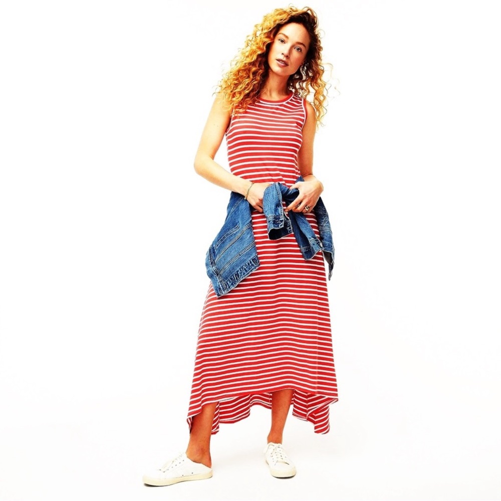 J. Crew Poppy Coral and White Striped Sleeveless High-Low Maxi Dress - Size M